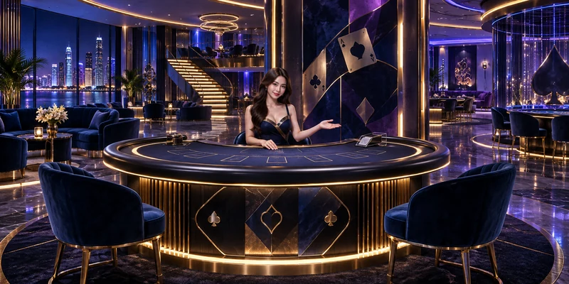 Không gian bàn Live Casino FLY88 với ánh sáng xanh tím và điểm nhấn vàng champagne